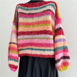 Hand knit rainbow striped mohair sweater